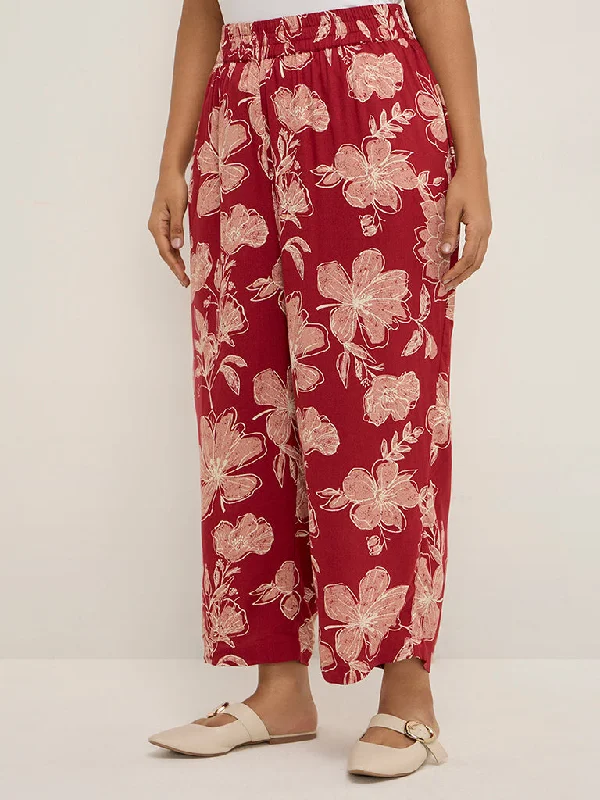 Diza Red Floral Printed Ethnic Pants Formal Dress Pants