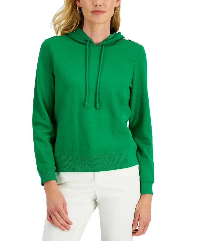 Charter Club Button Trim Hoodie Hoodie with Contrast Stitching Detailed Premium