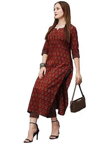 ANNI DESIGNER Women's Cotton Blend Printed Straight Kurta with Pant (Nita Maroon_XL_Maroon_X-Large) Elegant Dress Pants ANNI DESIGNER Women's Cotton Blend Printed Straight Kurta with Pant (Nita Maroon_XL_Maroon_X-Large) Elegant Dress Pants