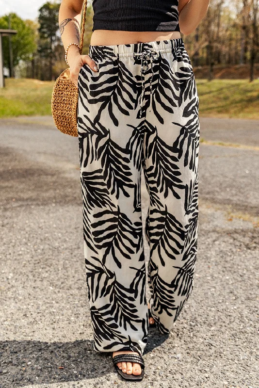 Printed Drawstring Waist Pants with Pockets Chic Faux Leather Pants