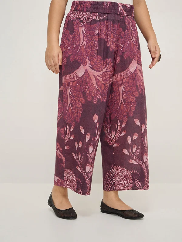 Diza Burgundy Botanical Printed High-Rise Ethnic Pants Stretch Fit Pants