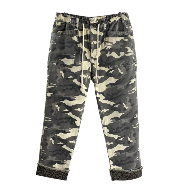 EASEL Size MEDIUM Gray/Cream Camo Drawstring Cotton PANTS High-Waist Jogger Pants
