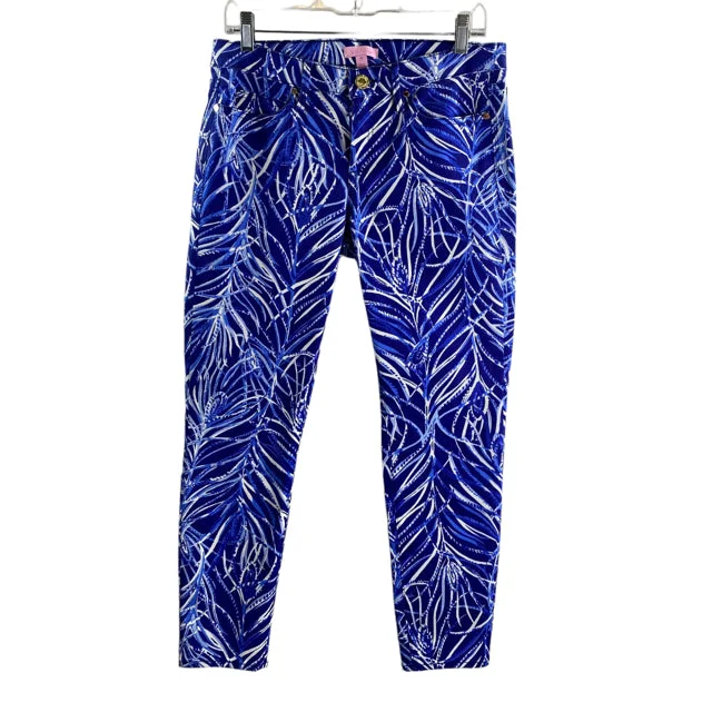 LILLY PULITZER Size 10 Blue/White Print Cotton Blend NWT PANTS Stylish Slim Trousers