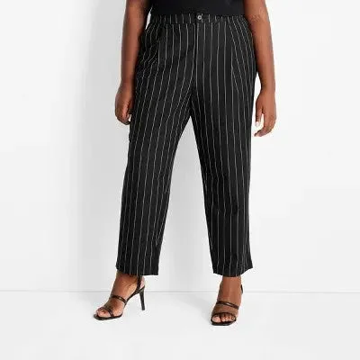 Women's Plus Size Mid-Rise Front Pleated Pants - Future Collective with Kahlana Barfield Brown Black Pinstriped 28W/30W Comfy Zip-Up Pants Women's Plus Size Mid-Rise Front Pleated Pants - Future Collective with Kahlana Barfield Brown Black Pinstriped 28W/30W Comfy Zip-Up Pants