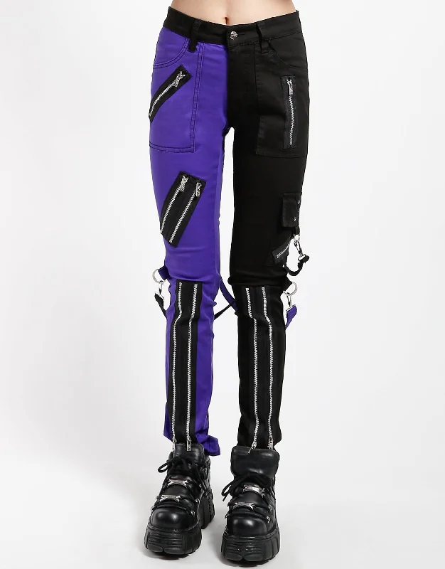 SPLIT LEG BONDAGE PANT BLK PURPLE Comfy Cargo Trousers
