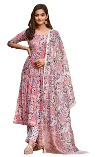 KLOSIA Women Floral Printed Kurta and Pant Set with Dupatta (Large) Pink Cozy Lounge Pants KLOSIA Women Floral Printed Kurta and Pant Set with Dupatta (Large) Pink Cozy Lounge Pants