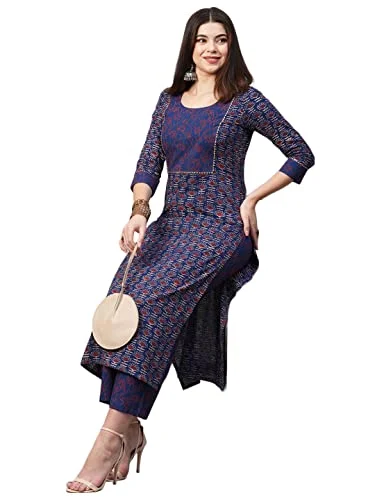 ANNI DESIGNER Women's Cotton Blend Printed Straight Kurta with Pant (Punya Blue_L_Blue_Large) Relaxed Casual Leggings