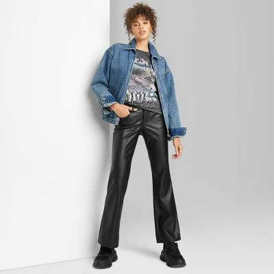 New - Women's Mid-Rise Faux Leather Flare Pants - Wild Fable Black 0 Casual Yoga Pants New - Women's Mid-Rise Faux Leather Flare Pants - Wild Fable Black 0 Casual Yoga Pants
