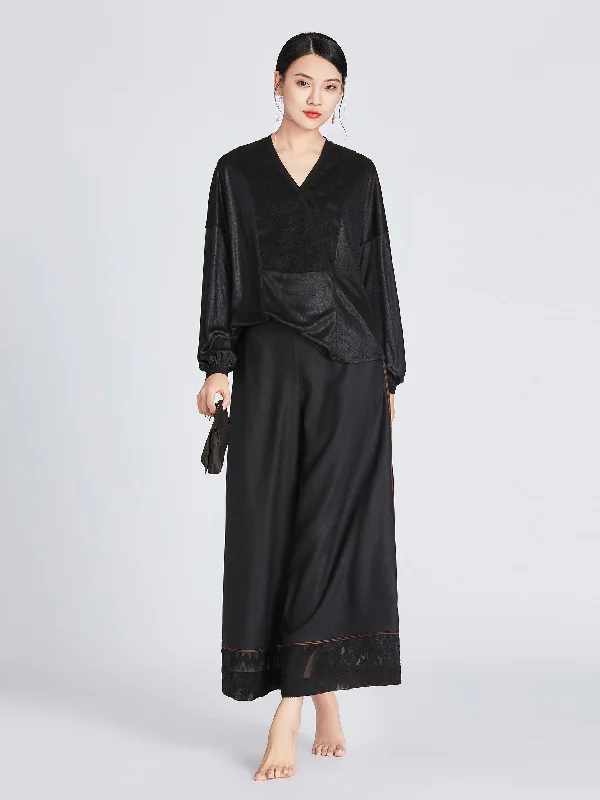 Stretch Gambiered Guangdong Silk Wide-Leg Pants Elegant Wool Trousers