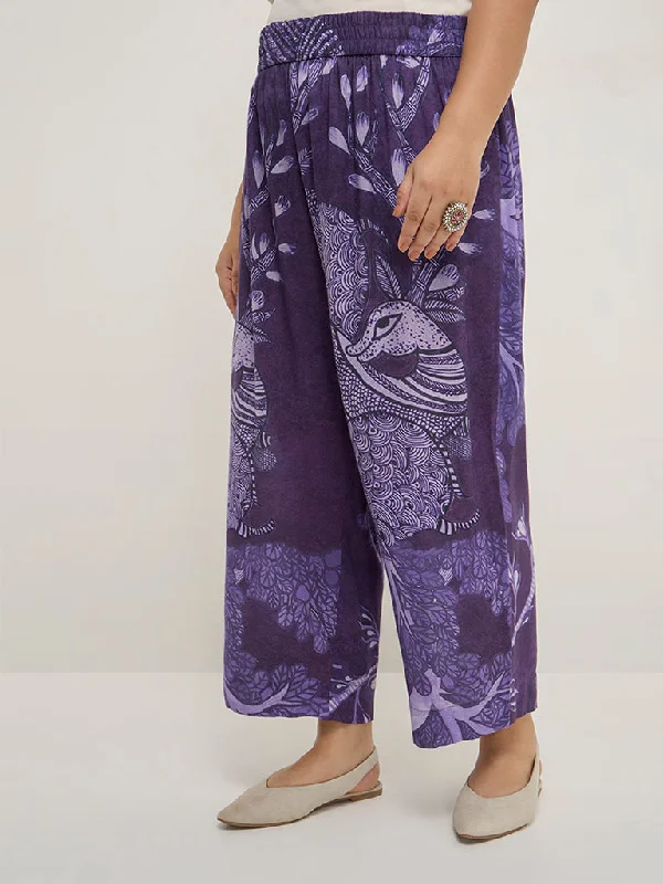 Diza Purple Botanical Printed High-Rise Ethnic Pants Elegant Trouser Pants