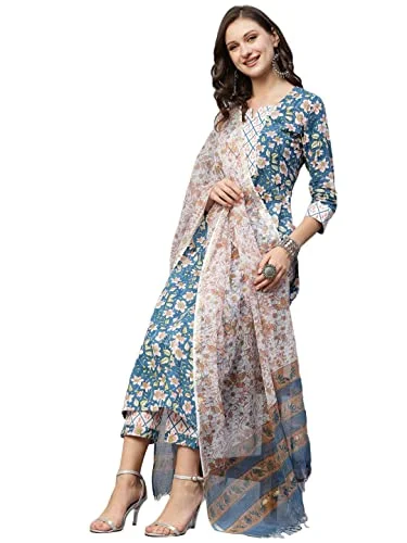 ANNI DESIGNER Women's Cotton Blend Straight Printed Kurta with Pant & Dupatta (Kuntu Green_XL_Green_X-Large) Casual Track Pants