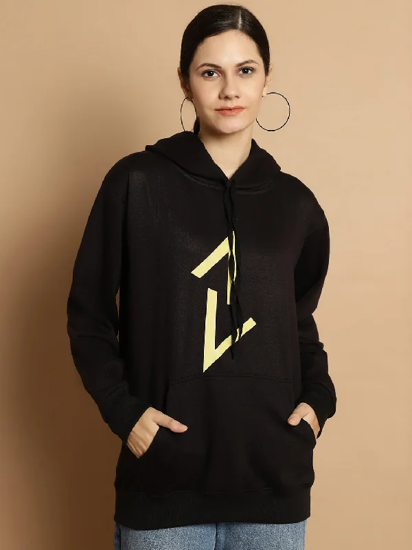 Vimal Jonney Black Printed Hooded Cotton Fleece Sweatshirt for Women Hoodie with Ribbed Neckline Snug Warm