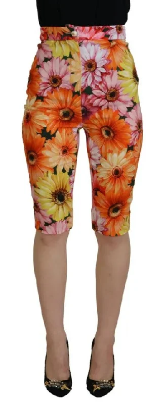 Multicolor Floral High Waist Cropped Pants Warm Wool Trousers