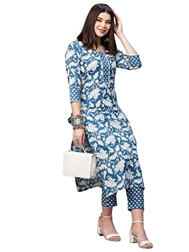 ANNI DESIGNER Women's Cotton Blend Printed Straight Kurta with Pant (Pustak Blue-Nw_XL_White/Blue_X-Large) Trendy Tapered Pants
