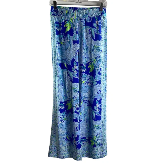 LILLY PULITZER Size XX-SMALL Blue/Aqua Print Elastic Waist Rayon PANTS Casual Skinny Fit Pants