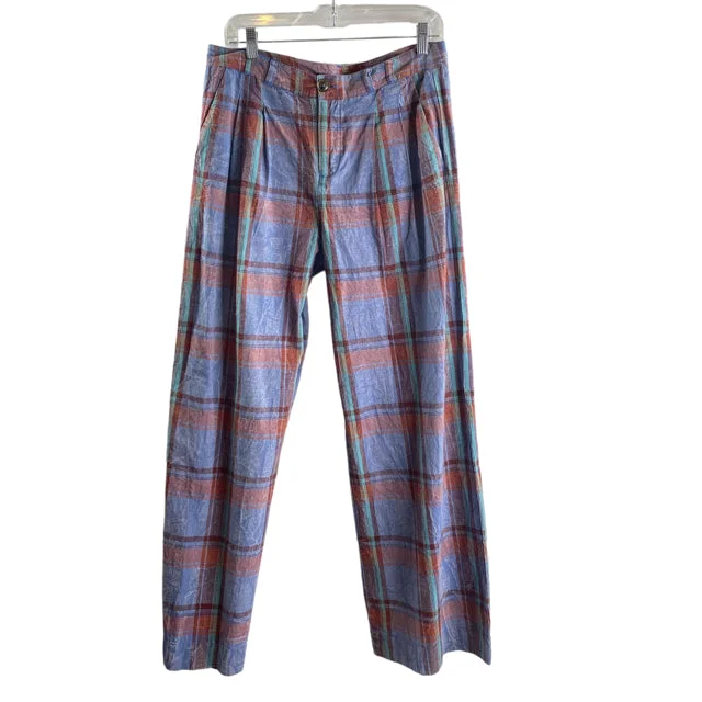 ANTHROPOLOGIE Size 8 Blue/Red Plaid Wide Leg Cotton PANTS Casual Drawstring Pants