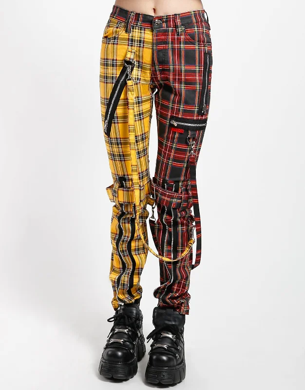 SPLIT LEG BONDAGE PANT YELLOW/BLACK PLAID Relaxed High-Waist Trousers