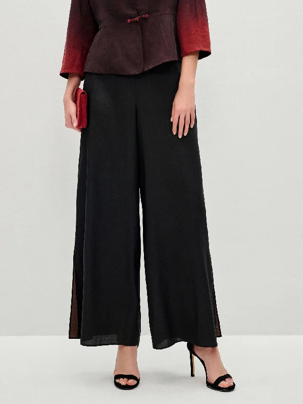 Elastic Gambiered Silk Side Slit Loose Long Pant Casual Lounge Pants