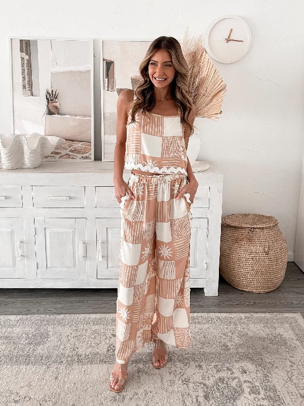 Adalee Pants - Beige Print Trendy Work Pants