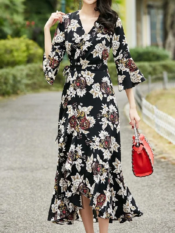 2018 New Printed V Neck Half Sleeve Maxi Dress Trendy Printed Maxi Dress