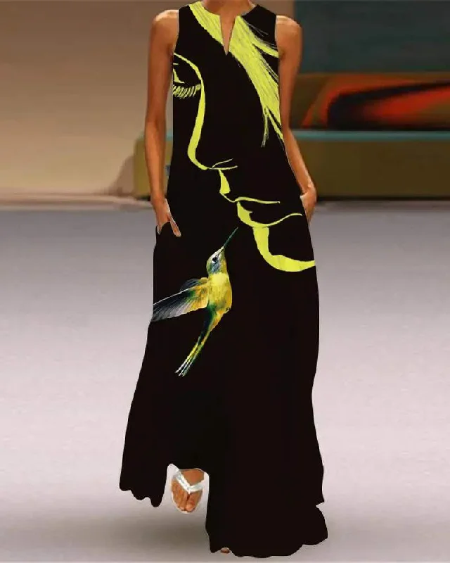 ABSTRACT FIGURE BIRD PRINT SLEEVELESS MAXI DRESS Stylish V-Neck Maxi Dress