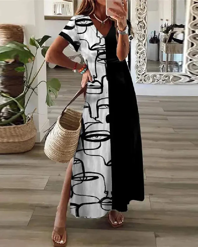 ABSTRACT FIGURE PRINT COLORBLOCK SPLIT HEM MAXI DRESS Comfortable Flowy Maxi Dress