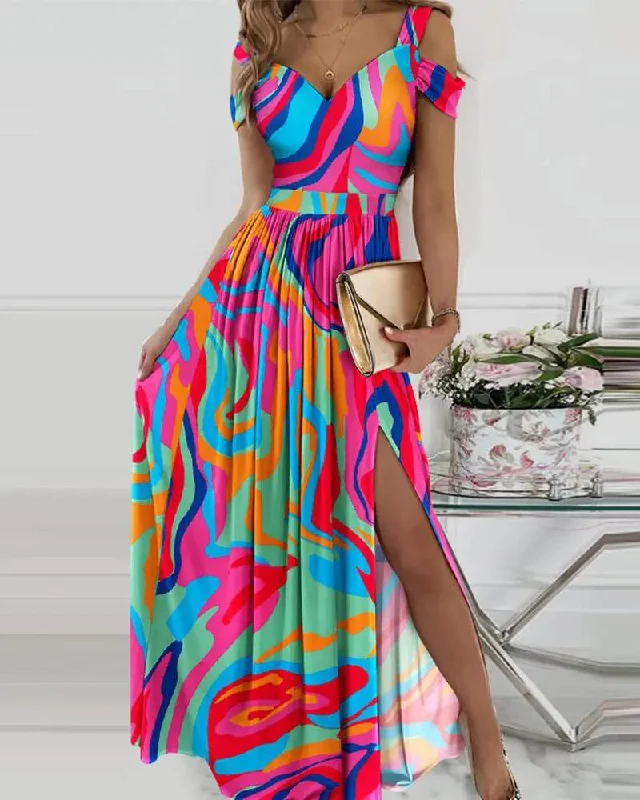 ABSTRACT PRINT COLD SHOULDER HIGH SLIT MAXI DRESS Comfortable Pleated Maxi Dress