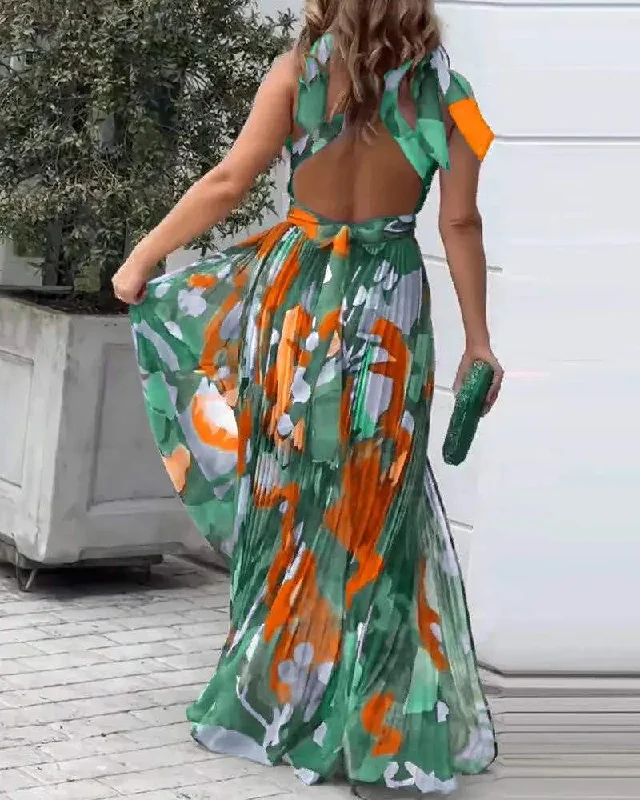 ALL OVER PRINT RUCHED SLIT TIED DETAIL MAXI DRESS Stylish Maxi Dress with Pleats