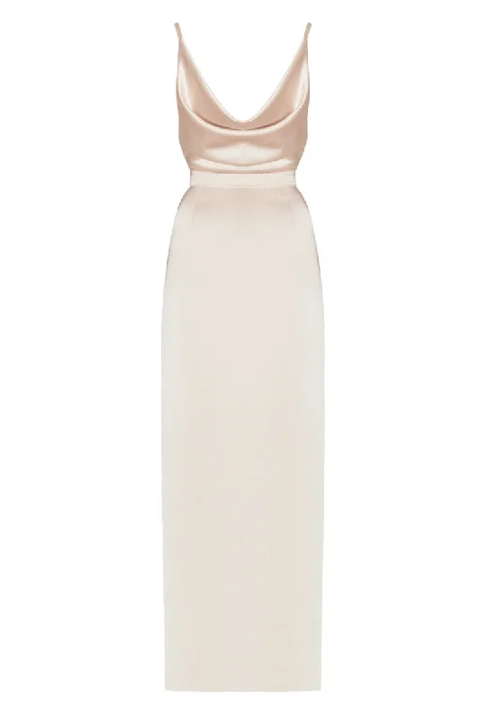 AMILA BEIGE SATIN BACKLESS MAXI DRESS Comfortable Plunging Neckline Maxi Dress