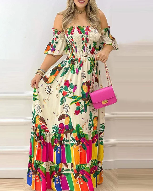 ANIMAL PLANTS PRINT SHIRRED FRILL HEM MAXI DRESS Comfortable T-Shirt Maxi Dress