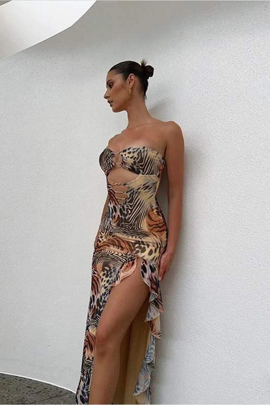 ANIMAL PRINT MAXI DRESS Stylish Off-Shoulder Maxi Dress