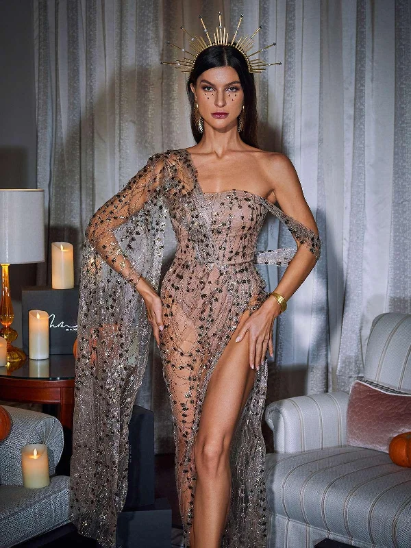 Bailee Split Sequin Maxi Dress In Bronze Fashionable Open-Back Maxi Dress