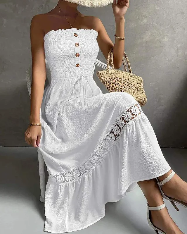 BANDEAU SHIRRED LACE PATCH MAXI DRESS Classic V-Neck Maxi Dress