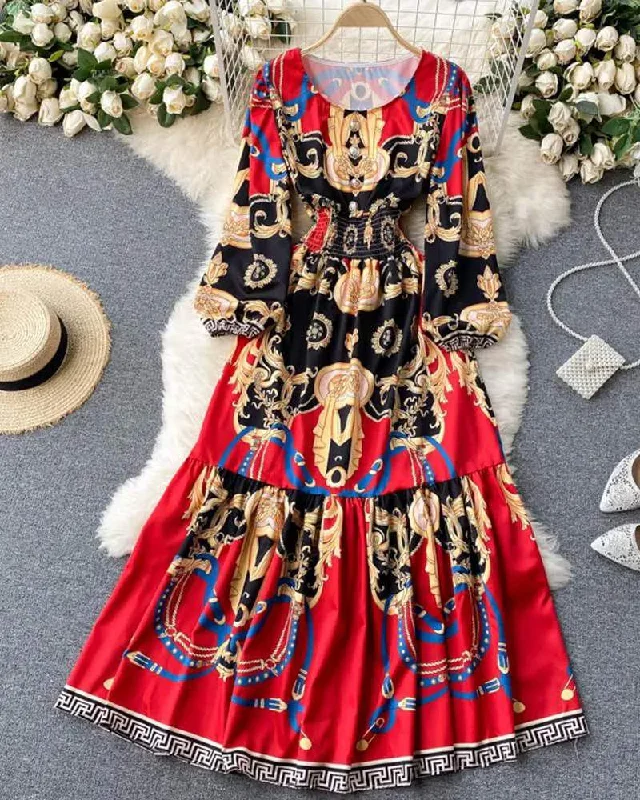 BAROQUE PRINT GEO TRIM LONG SLEEVE MAXI DRESS Comfortable Long-Sleeve Maxi Dress