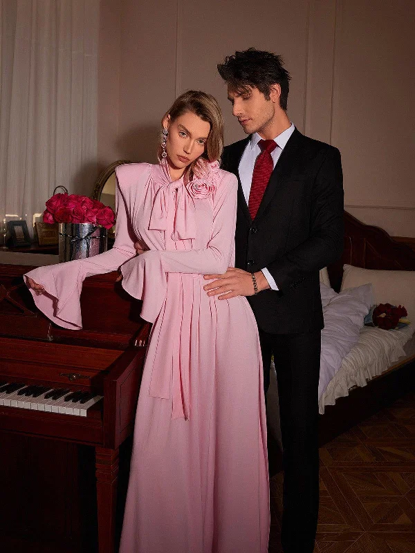 Benton Long Sleeve Flower Embellished Maxi Dress In Pink Comfortable Satin Maxi Dress Benton Long Sleeve Flower Embellished Maxi Dress In Pink Comfortable Satin Maxi Dress