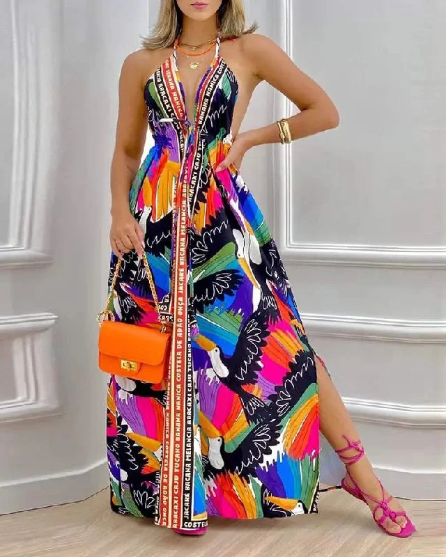 BIRD PRINT HALTER BACKLESS SPLIT HEM MAXI DRESS Trendy Printed Maxi Dress