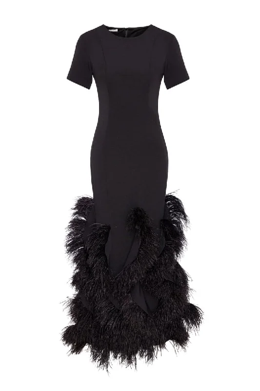 BLACK MAXI DRESS WITH FEATHER PANELS Comfortable Ruffle Maxi Dress