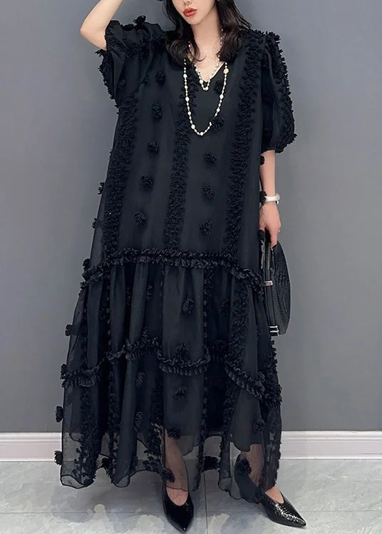 Black V Neck Floral Tulle Maxi Dresses Short Sleeve Trendy V-Neck Maxi Dress