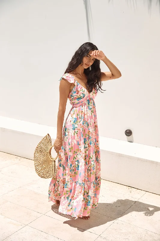Blossoming Love Maxi Dress Pink Trendy Short Sleeve Maxi Dress