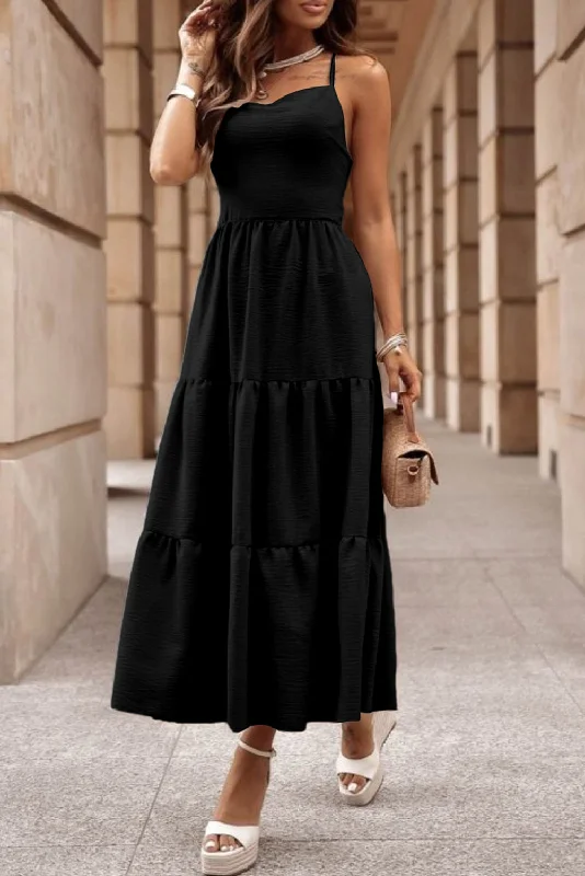 Blue Zone Planet | Black Crossover Backless Bodice Tiered Maxi Dress Classic A-Line Maxi Dress Blue Zone Planet | Black Crossover Backless Bodice Tiered Maxi Dress Classic A-Line Maxi Dress