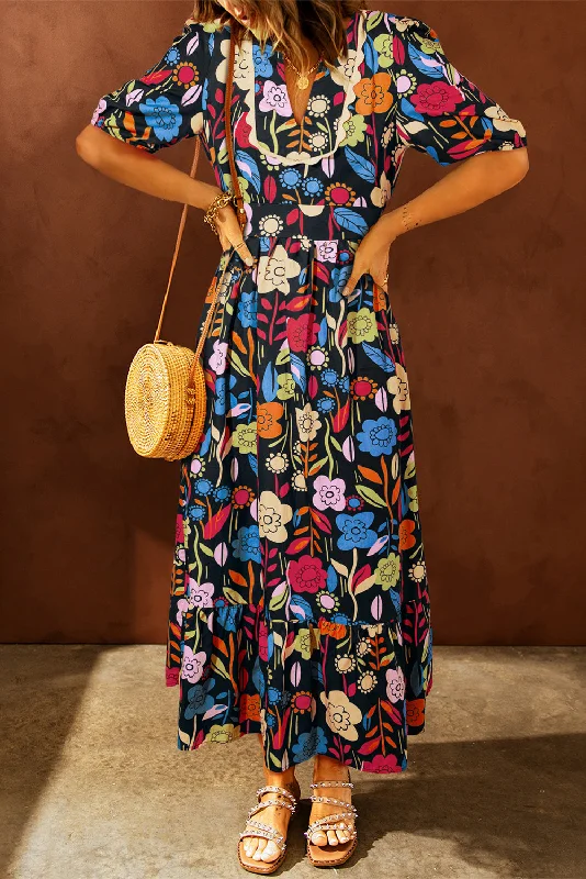Blue Zone Planet | Black Retro Floral Printed Split Neck Maxi Dress Elegant Maxi Dress with Belt Blue Zone Planet | Black Retro Floral Printed Split Neck Maxi Dress Elegant Maxi Dress with Belt