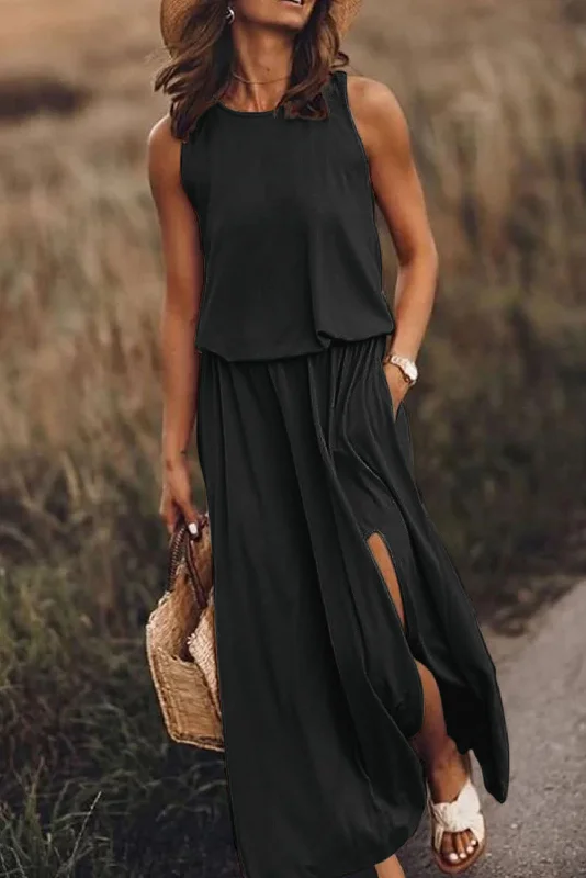 Blue Zone Planet | Black Solid Sleeveless Tunic Maxi Dress with Split Trendy Floral Print Maxi Dress Blue Zone Planet | Black Solid Sleeveless Tunic Maxi Dress with Split Trendy Floral Print Maxi Dress