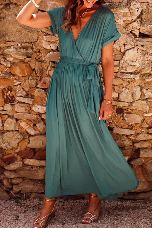 Blue Zone Planet | Blackish Green Solid Color V Neck Wrap Pleated Short Sleeve Maxi Dress Comfortable Maxi Dress with Belt Blue Zone Planet | Blackish Green Solid Color V Neck Wrap Pleated Short Sleeve Maxi Dress Comfortable Maxi Dress with Belt