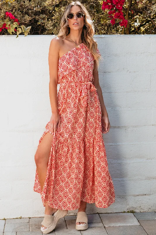 Fiery Red Boho Geometric Print One Shoulder Side Slit Maxi Dress Stylish Maxi Dress with Frills Fiery Red Boho Geometric Print One Shoulder Side Slit Maxi Dress Stylish Maxi Dress with Frills