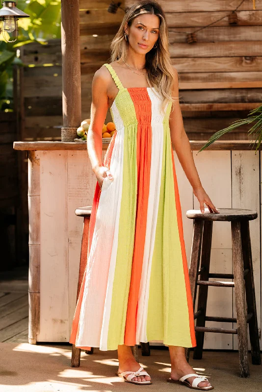 Blue Zone Planet | Green Color Block Shirred High Waist Fit and Flare Maxi Dress Stylish A-Line Maxi Dress Blue Zone Planet | Green Color Block Shirred High Waist Fit and Flare Maxi Dress Stylish A-Line Maxi Dress