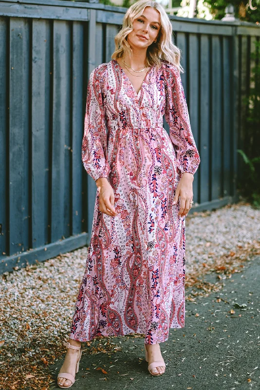 Blue Zone Planet | Multicolour Boho Paisley Print V Neck Empire Waist Maxi Dress Chic Button-Up Maxi Dress Blue Zone Planet | Multicolour Boho Paisley Print V Neck Empire Waist Maxi Dress Chic Button-Up Maxi Dress