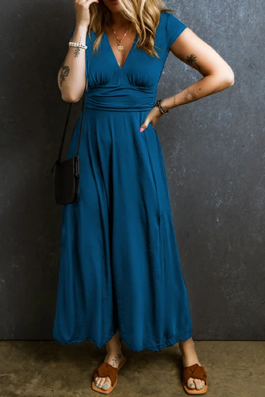 Blue Zone Planet | Phalaenopsis Short Sleeve Shirred High Waist V Neck Maxi Dress Elegant Maxi Dress with Pockets Blue Zone Planet | Phalaenopsis Short Sleeve Shirred High Waist V Neck Maxi Dress Elegant Maxi Dress with Pockets