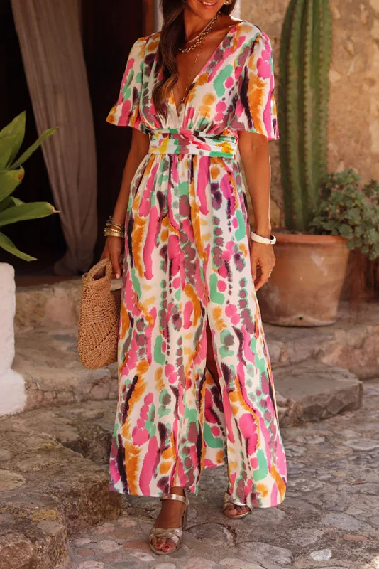 Blue Zone Planet | Pink Boho Tie-dye Print V Neck Maxi Dress Chic Sleeveless Maxi Dress Blue Zone Planet | Pink Boho Tie-dye Print V Neck Maxi Dress Chic Sleeveless Maxi Dress