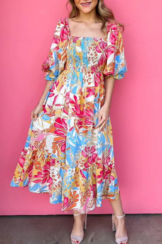 Blue Zone Planet | Rose Red Tropical Print Smocked Bodice Puff Sleeve Maxi Dress Elegant Pleated Maxi Dress Blue Zone Planet | Rose Red Tropical Print Smocked Bodice Puff Sleeve Maxi Dress Elegant Pleated Maxi Dress