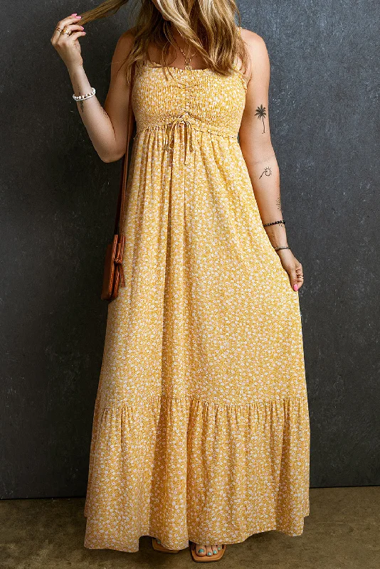 Blue Zone Planet | Yellow Frilly Smocked High Waist Floral Maxi Dress Comfortable Fit-and-Flare Maxi Dress Blue Zone Planet | Yellow Frilly Smocked High Waist Floral Maxi Dress Comfortable Fit-and-Flare Maxi Dress